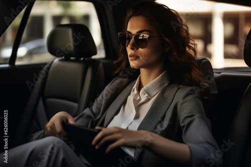 A youthful caucasian business-woman is working concentrated with computer without logo in the backseat of a expensive modern car while looking at the screen © pangamedia