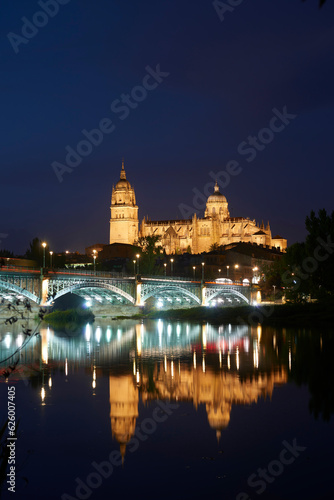 View of the Cathedral of Salamanca at evening with the bridge in the foreground, Salamanca, Spain, Europe.