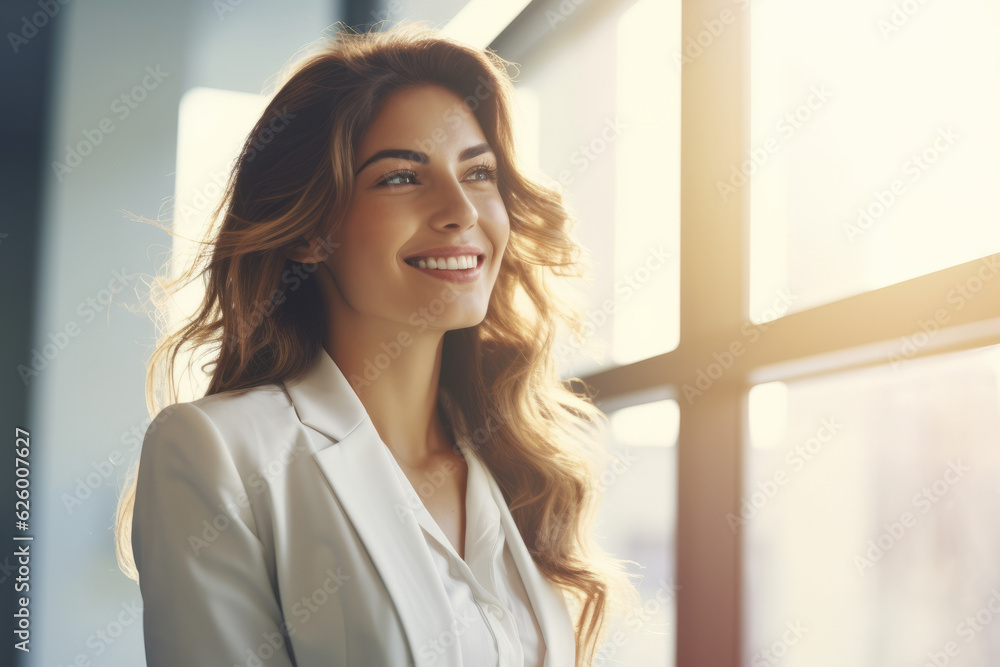 Fototapeta premium Happy smiling businesswoman standing in middle of an open space office , sun light coming from wide window