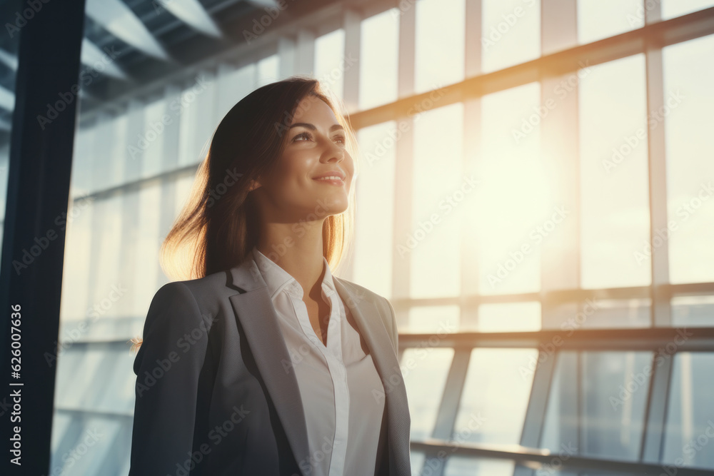 Happy smiling businesswoman standing in middle of an open space office , sun light coming from wide window Happy smiling businesswoman standing in middle of an open space office , sun light coming from wide window