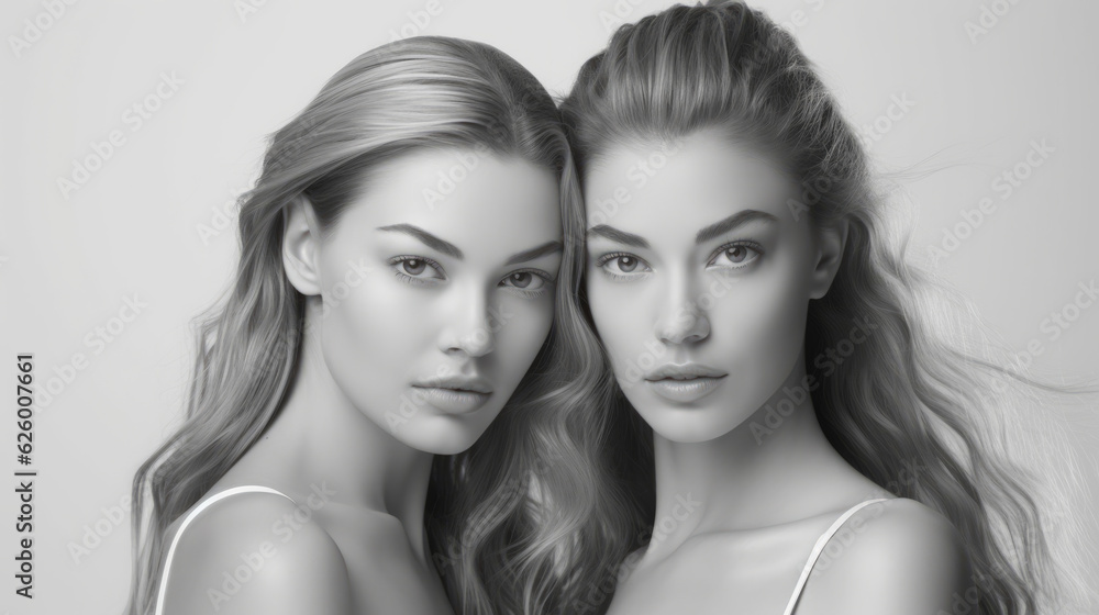 Studio photo portrait of two twins women with their hair gathered. Monochrome style image Studio photo portrait of two twins women with their hair gathered. Monochrome style image
