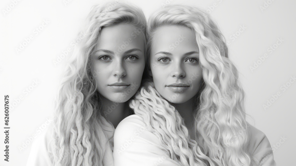 Studio photo portrait of two twins women with their hair gathered. Monochrome style image Studio photo portrait of two twins women with their hair gathered. Monochrome style image