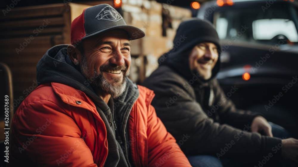 Two truckers sitting on a bench talking in a blurry truck background Two truckers sitting on a bench talking in a blurry truck background