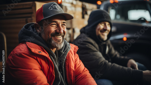 Two truckers sitting on a bench talking in a blurry truck background