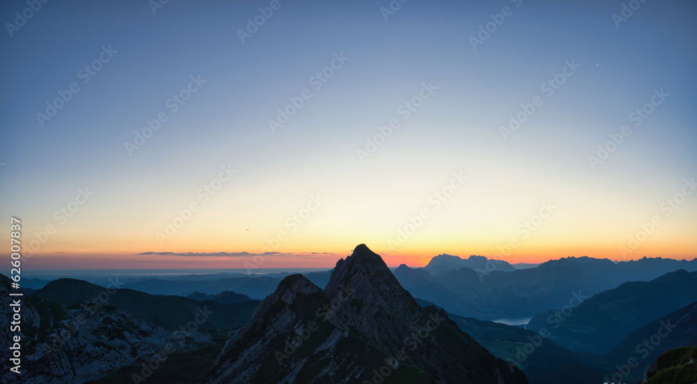 large panorama mountains in switzerland with Säntis in the background in the morning