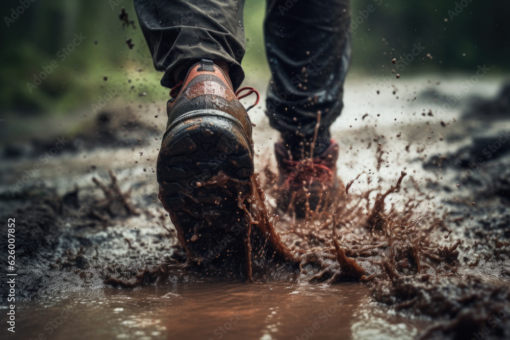 A trail runner's feet splashing in mud and water. Generative AI. A trail runner's feet splashing in mud and water. Generative AI.