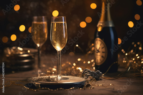  glasses with champagne and bottle on the table with Christmas decorations. generative AI