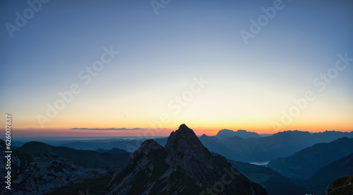 large panorama mountains in switzerland with Säntis in the background in the morning