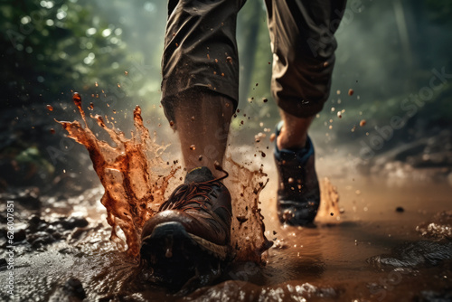 A trail runner's feet splashing in mud and water. Generative AI.
