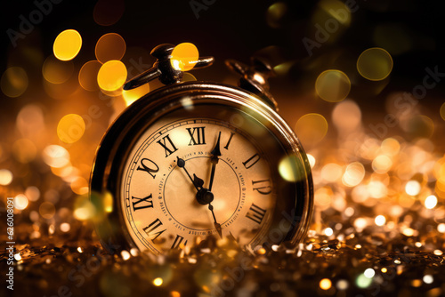 Vintage clock on christmas festive background. New year's eve concept. generative AI