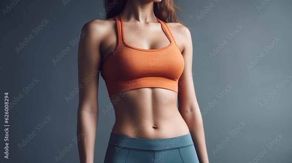 Beautiful slim female body in sportswear on a gray background. Generative AI. Beautiful slim female body in sportswear on a gray background. Generative AI.