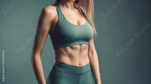 Beautiful slim female body in sportswear on a gray background. Generative AI.