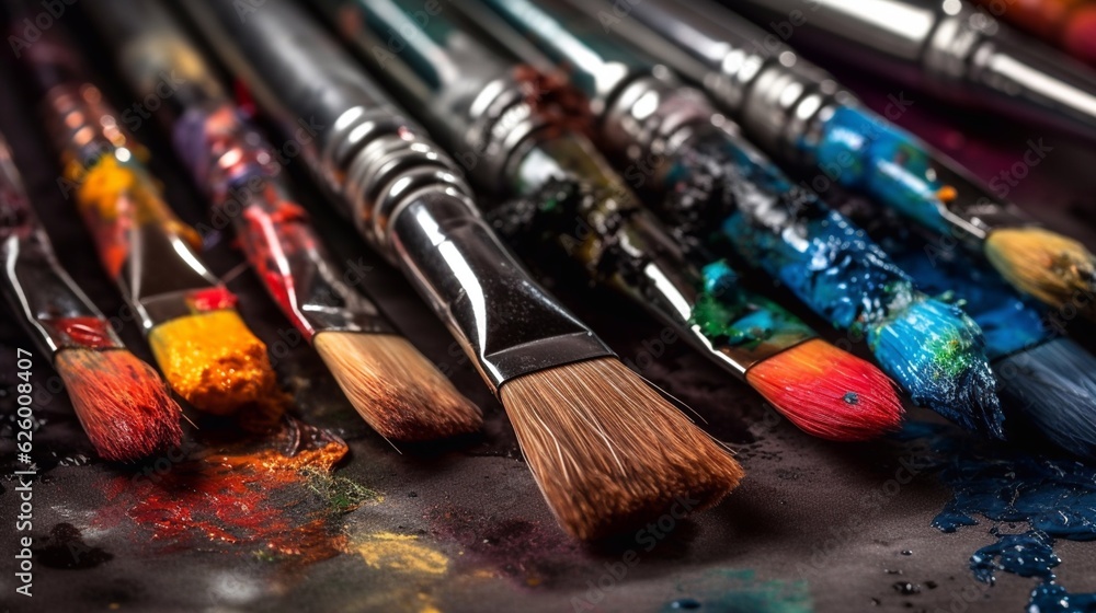 Fototapeta premium Brushes stained with colorful paints. Generative AI.