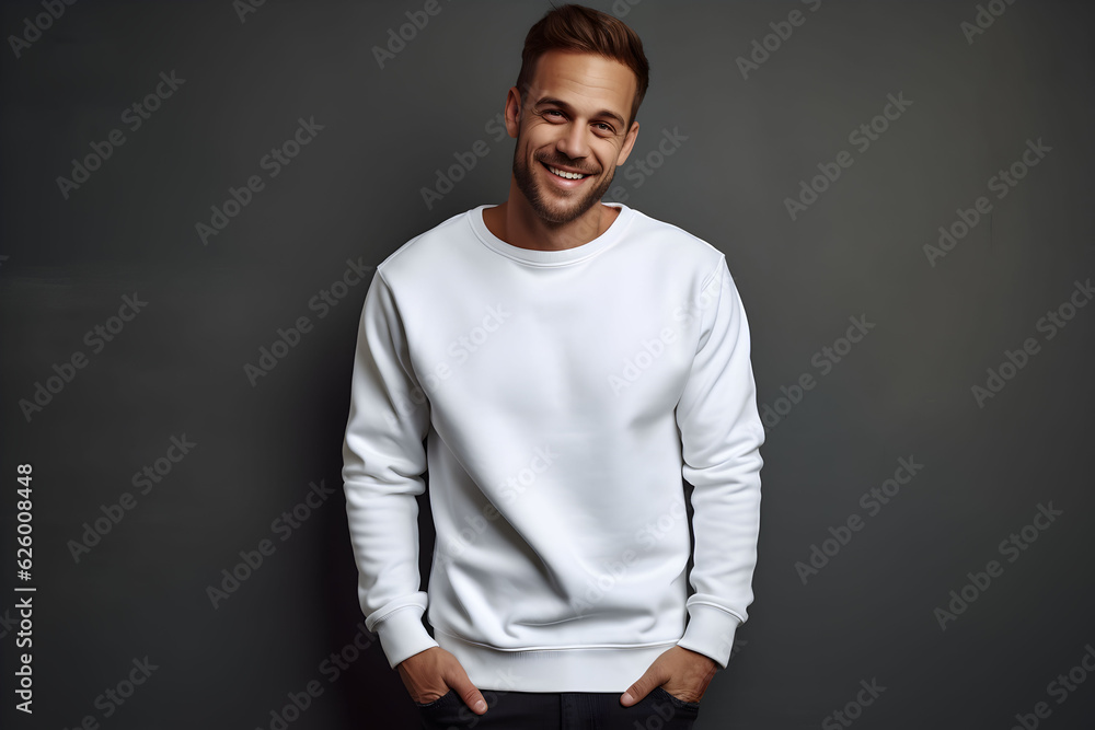 Young man wearing white sweatshirt mockup, at dark background. Design pullover template, print presentation mock-up. AI generated. Young man wearing white sweatshirt mockup, at dark background. Design pullover template, print presentation mock-up. AI generated.