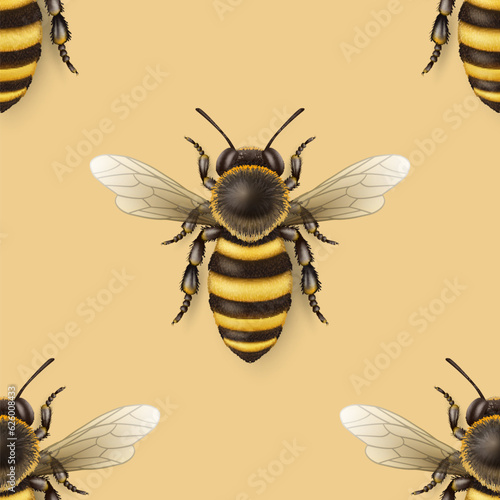 Vector Seamless Pattern with 3d Realistic Detailed Honey Bee Icon Closeup on Yellow Background. Queen Honeybee Design Template, Vector Illustration of Bee in Macro, Top View © gomolach