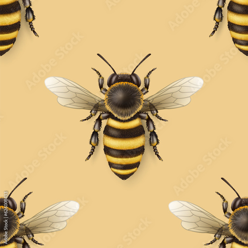 Vector Seamless Pattern with 3d Realistic Detailed Honey Bee Icon Closeup on Yellow Background. Queen Honeybee Design Template, Vector Illustration of Bee in Macro, Top View