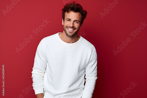 Young man wearing white sweatshirt mockup, at red background. Design pullover template, print presentation mock-up. AI generated.