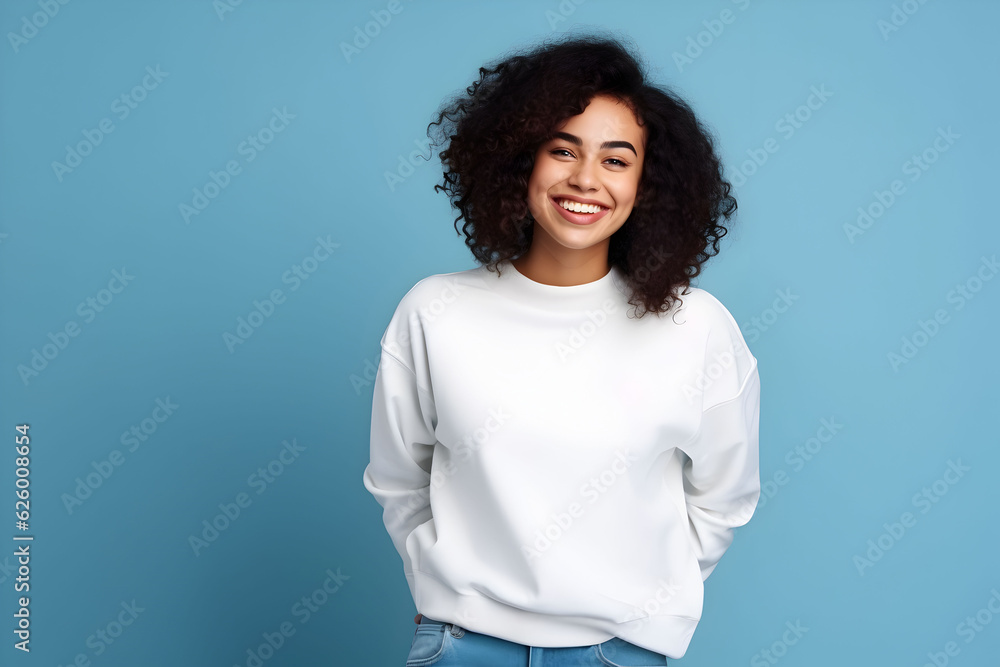 Young woman wearing white sweatshirt mockup, at blue background. Design pullover template, print presentation mock-up. Generated AI. Young woman wearing white sweatshirt mockup, at blue background. Design pullover template, print presentation mock-up. Generated AI.