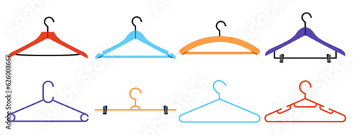 Collection of empty clothes hangers. Colorful accessory with hook for garment hanging. Flat vector illustration isolated on white background.