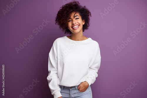 Young woman wearing white sweatshirt mockup, at purple background. Design pullover template, print presentation mock-up. Generated AI.