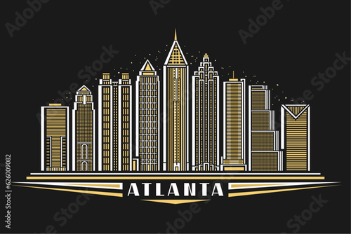 Vector illustration of Atlanta  dark horizontal poster with linear design famous atlanta city scape on dusk sky background  american urban line art concept with decorative letteing for text atlanta