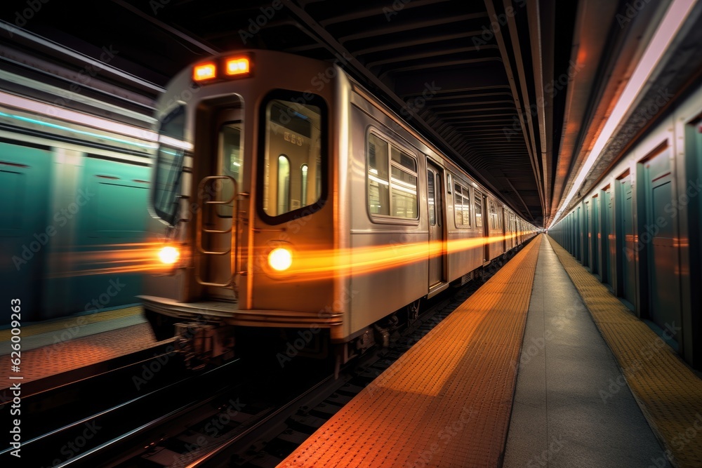 Naklejka premium Automated guide-way train at night. motion blur. Generative Ai