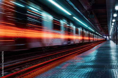 Automated guide-way train at night. motion blur. Generative Ai © tong2530