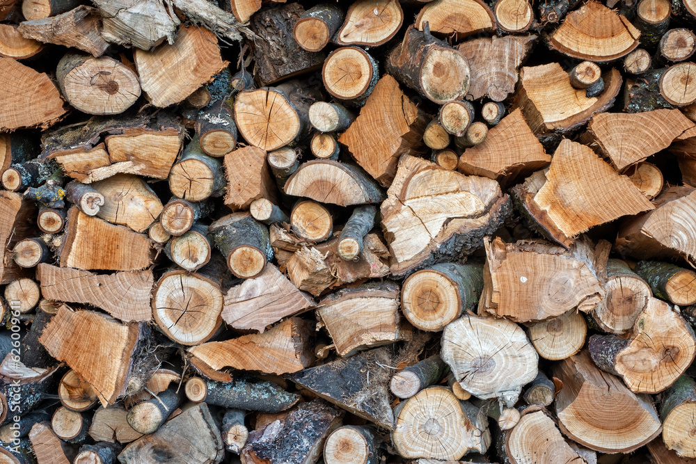 Pile of firewood and cut logs for heating with wood in winter Pile of firewood and cut logs for heating with wood in winter