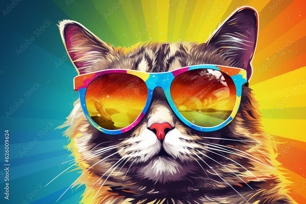 A holiday cool cat is smiling sunglasses with a colorful  background ; a vacation background or banner