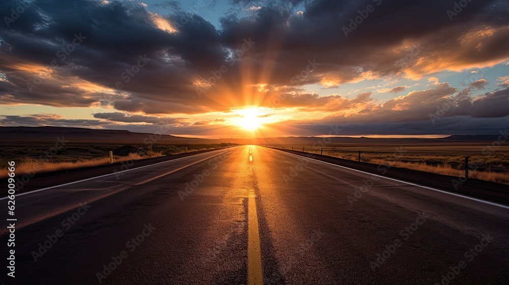 Empty asphalt road with clouds in sky at sunrise. The concept of setting goals for success. Generative Ai.