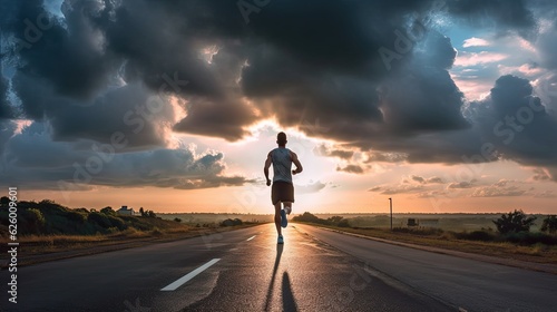 Back view of athletic male runner on asphalt road with clouds in sky at sunrise. concept path to success. Generative Ai.