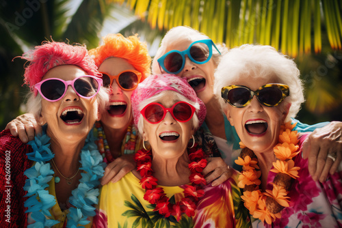A holiday cool group of grannies are smiling sunglasses next to the  pool ; a tropical background or banner photo