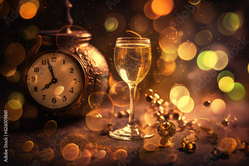 glass with champagne and clock on table with Christmas decorations. new year eve, generative AI