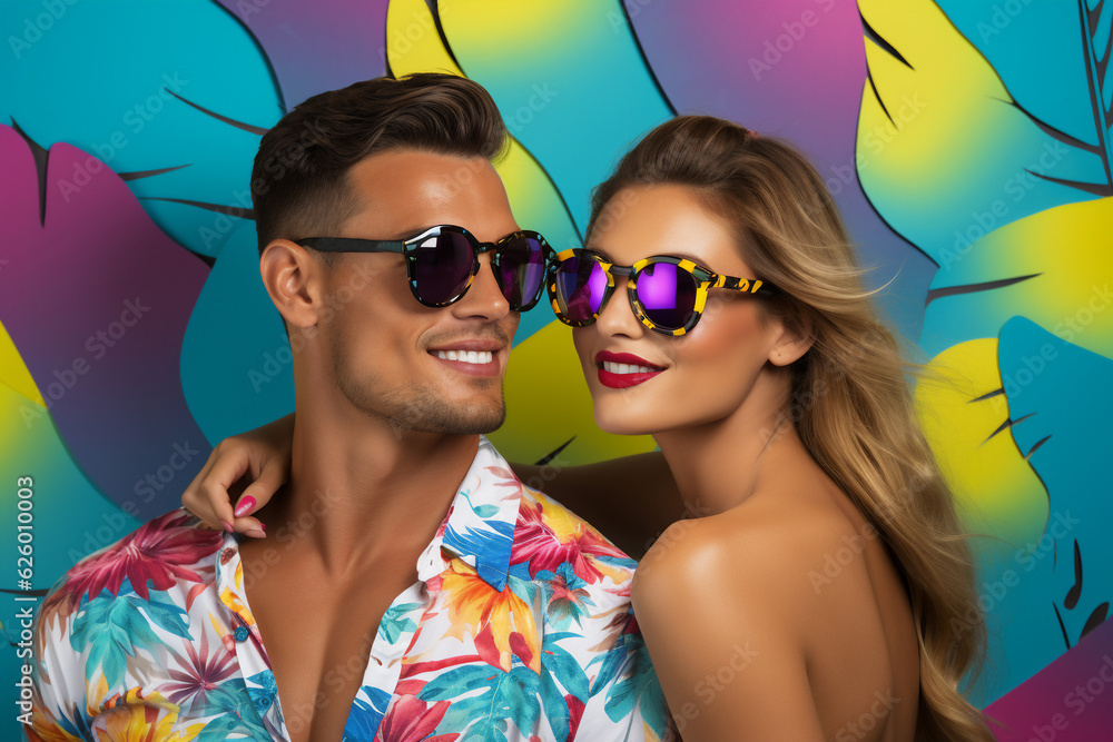A holiday cool couple is smiling sunglasses with a colorful background ; a tropical background or banner A holiday cool couple is smiling sunglasses with a colorful background ; a tropical background or banner