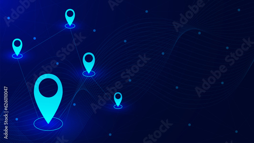 Abstract futuristic location point. GPS pin for digital map concept on dark blue background.