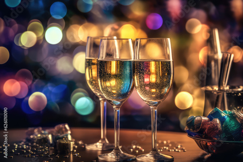  glasses with champagne on the table with Christmas decorations with a garland. generative AI