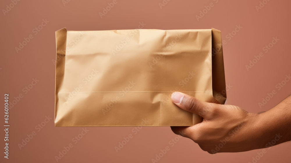 Fototapeta premium Man holds a paper delivery package. Created with Generative AI technology.