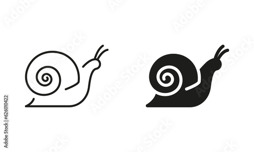 Snail Line and Silhouette Icon Set. Slug in Shell Crawl Pictogram. Helix Slow, Cute Escargot Moving. Slimy Eatable Spiral Mollusk Symbol Collection. Wildlife Concept. Isolated Vector Illustration