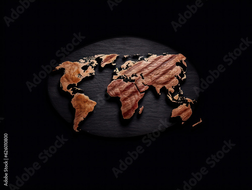 Global Meat Journey: Savoring Steak in World Map Shape, bife de carne no formato do mapa mundi, generative ai