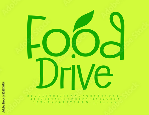 Vector template sign Food Dive with decorative Leaf. Green handwritten Font. Creative Alphabet Letters, Numbers and Symbols set