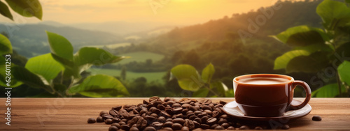 a mug of coffee and coffee beans stands on a wooden table against a background of coffee fields. Created with Generative AI technology.