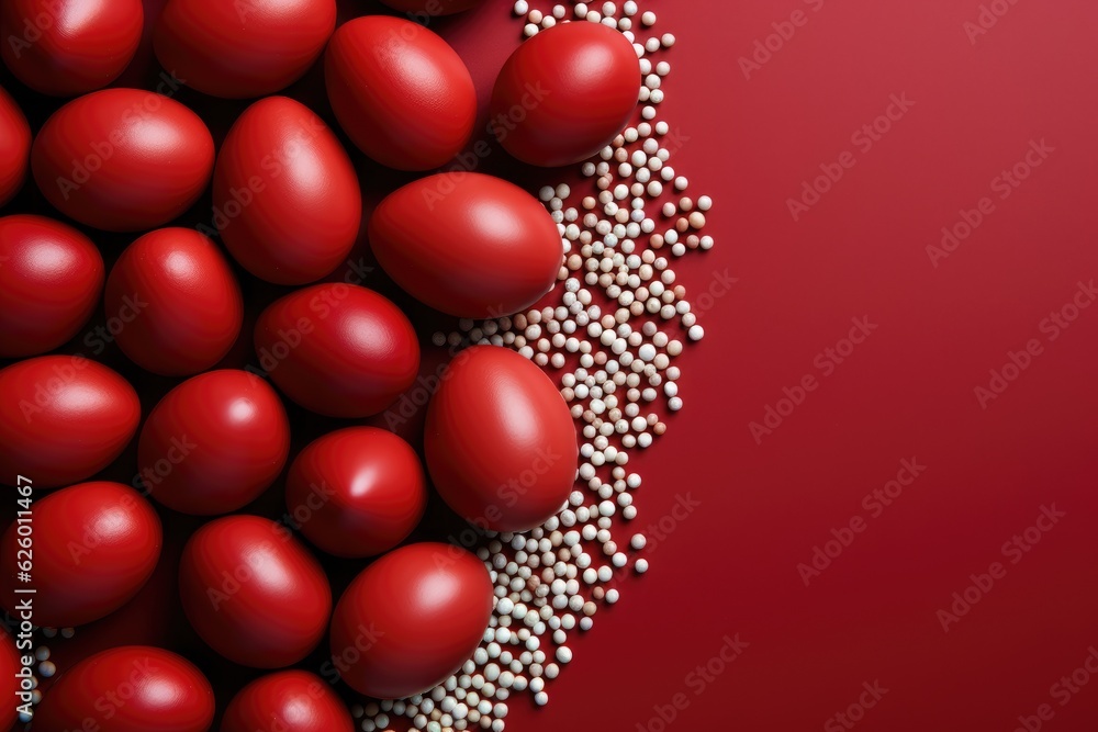 Easter red colored eggs on red background. Generative AI