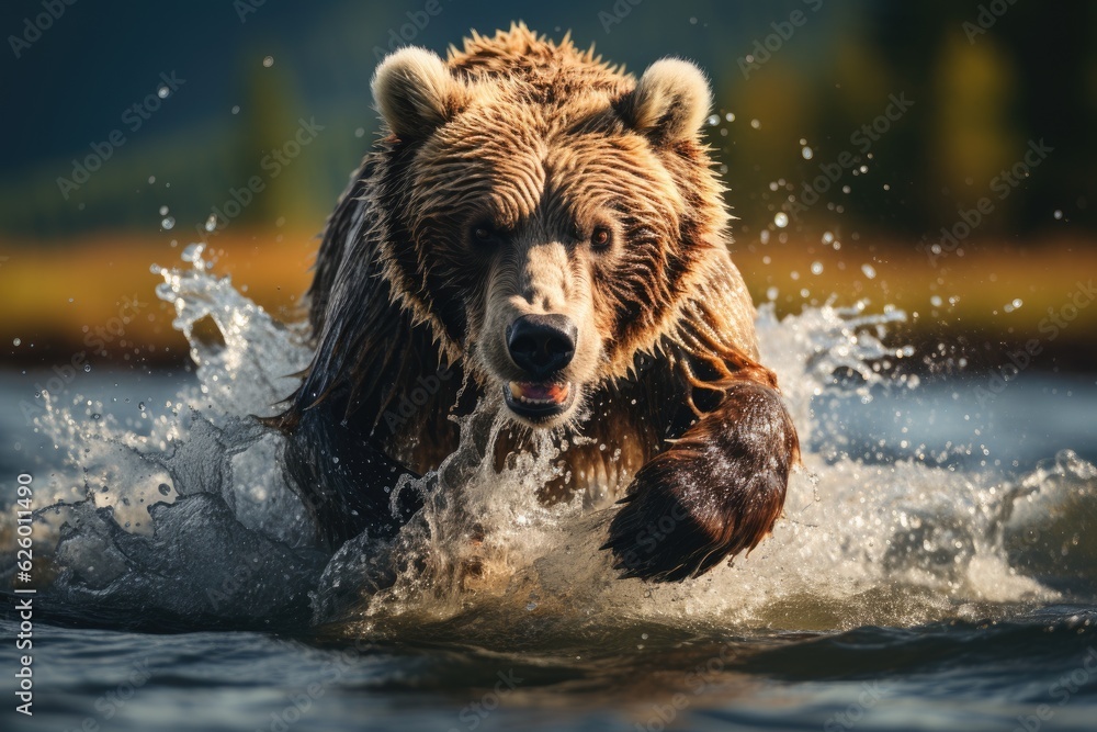 Brown bear fishing in a river. Generative AI Brown bear fishing in a river. Generative AI