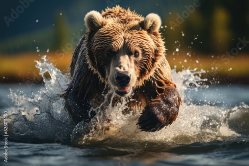 Brown bear fishing in a river. Generative AI