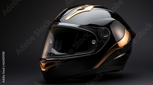Modern motorcycle helmet on dark backdrop. Generative AI