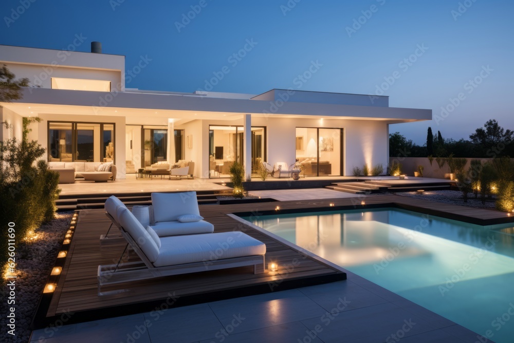 Obraz premium Modern and elegant villa with pool. AI generated