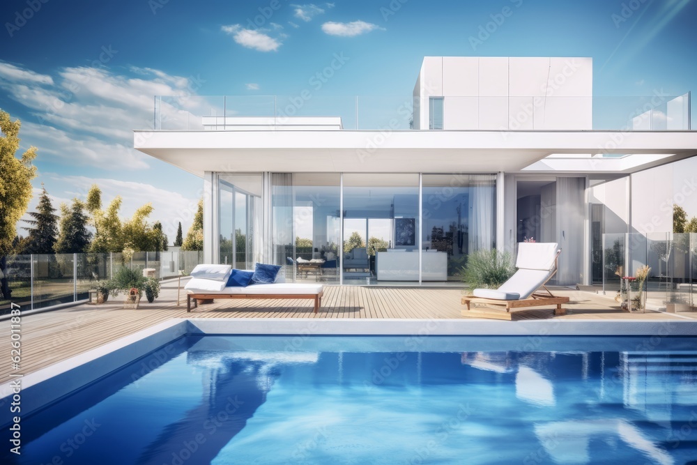 Modern and elegant villa with pool. AI generated Modern and elegant villa with pool. AI generated