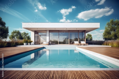 Modern and elegant villa with pool. AI generated © XC Stock