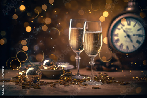 two glasses with champagne and clock on table with Christmas decorations. new year, generative AI