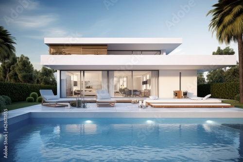 Modern and elegant villa with pool. AI generated © XC Stock